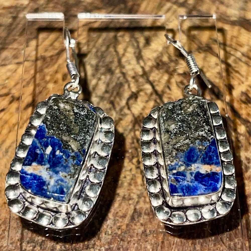 Navy Sodalite with Pyrite Earrings 1 1/2” - Picture 7 of 11